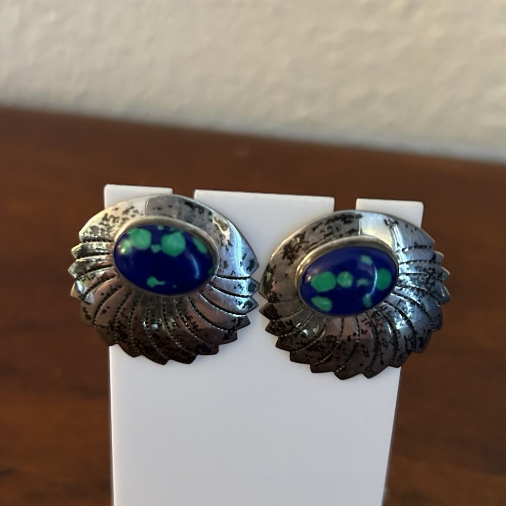 Vintage Sterling Silver Mexico Azurite Malachite Earrings S.J